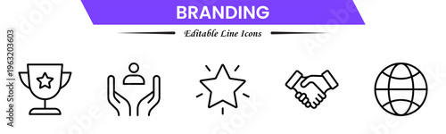 Branding icon set. Containing marketing, product, brand value, design, logo, brand development, social media, advertising and loyal customers icons