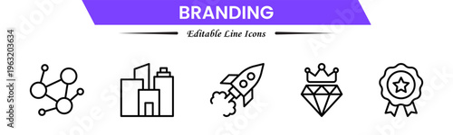 Branding icon set. Containing marketing, product, brand value, design, logo, brand development, social media, advertising and loyal customers icons