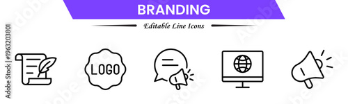 Branding icon set. Containing marketing, product, brand value, design, logo, brand development, social media, advertising and loyal customers icons