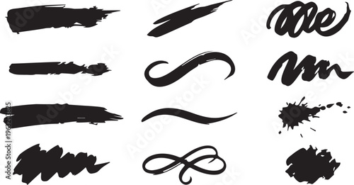 Abstract Black Ink Brush Strokes and Grunge Texture Elements.