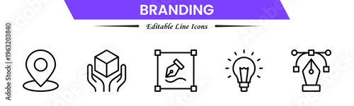 Branding icon set. Containing marketing, product, brand value, design, logo, brand development, social media, advertising and loyal customers icons