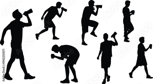 Collection of male athlete silhouettes drinking water from bottles while running, walking, and resting during a fitness workout or marathon.