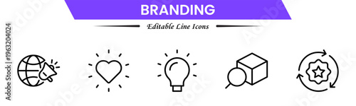 Branding icon set. Containing marketing, product, brand value, design, logo, brand development, social media, advertising and loyal customers icons