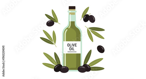Olive oil bottle with leaves and olives on white background