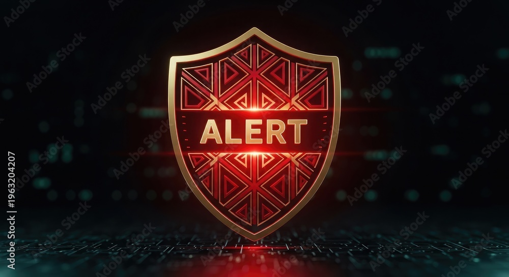 Fototapeta premium A red shield with gold trim and intricate designs displays the word alert in a bold eye catching warning symbol