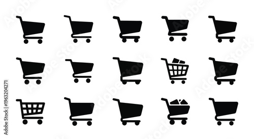 Collection of shopping carts in various states on white background