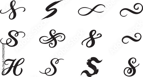 Elegant Calligraphic Letter S and Swirl Ornaments Set.