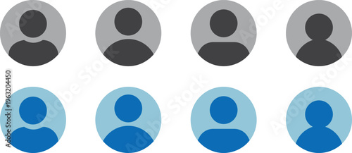 Collection of generic user profile icons in various color palettes, including grey, blue, and dark gray, ideal for avatar placeholders on websites and applications.