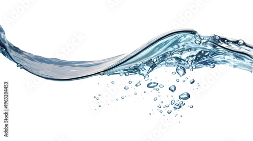 High-key cross-section of flowing blue water with suspended bubbles against a white background