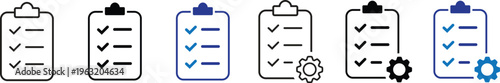 Set of checklist and to-do list icons, some including gear cog for task settings or project management, available in outline, solid, and blue color variations.