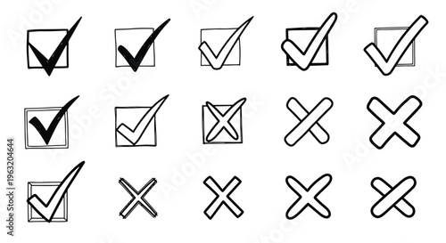 Collection of checkmark and cross icons in various styles