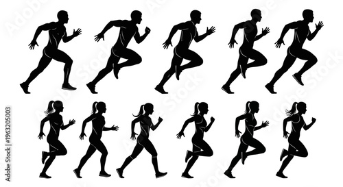 Silhouettes of Male and Female Runners in Motion on White Background