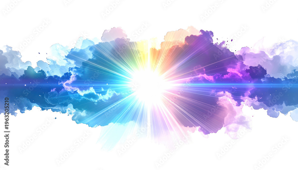 Fototapeta premium A vibrant explosion of colorful clouds and light rays emanates from a radiant sunburst against a clean white background