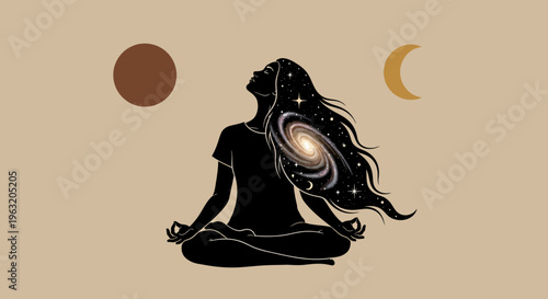 Silhouette of Woman Meditating with Galaxy in Hair, Moon and Sun Icons
