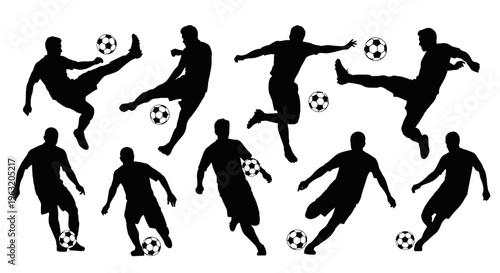 Silhouette Soccer Players in Action, Kicking and Playing Football with Dynamic Poses