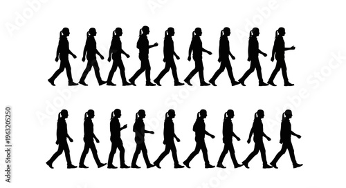 Silhouettes of a Woman Walking in Sequence, Representing Movement and Progress