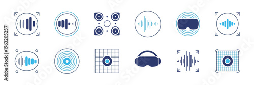 Immersive sound field and speaker array icons – Ideal for home theater design, spatial audio apps, and sound engineering.