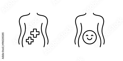 gut health line icons on white with female body