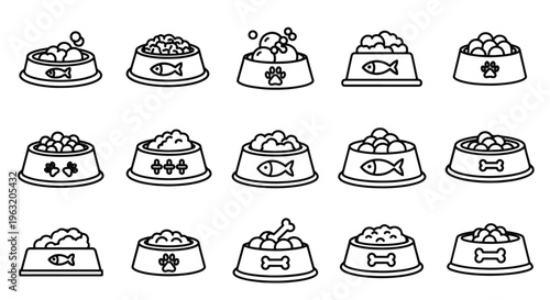 Variety of pet food bowls with different types of food and icons