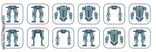 Flat industrial exoskeleton and power suit icon set – Great for logistics automation, worker safety apps, or tech UI design.