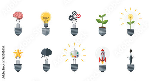Colorful light bulb icons with creative ideas and innovation concepts
