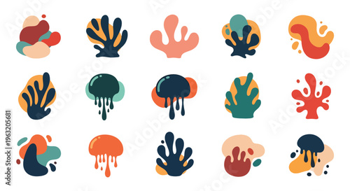 Vibrant abstract shapes in orange blue green on white background