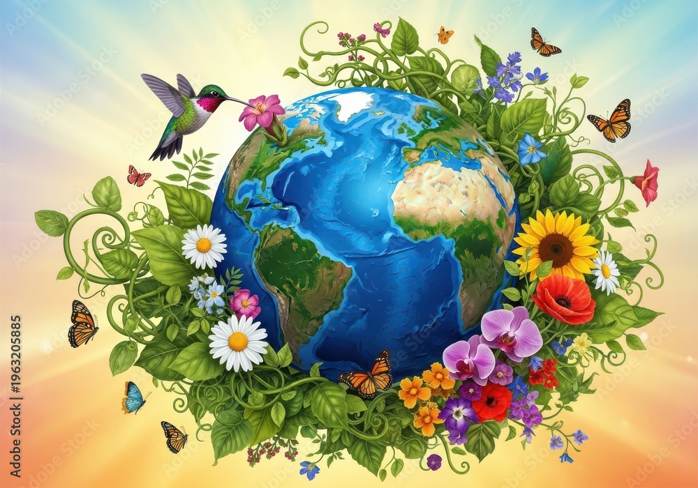 Naklejka premium A colorful of the earth surrounded by flowers and butterflies with a hummingbird flying overhead in a sunny sky with sunbeams