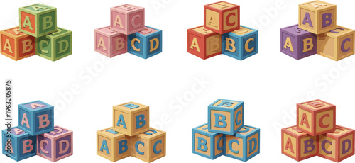 Alphabet Toy Blocks Collection Vector Set Featuring Colorful ABC Cubes for Kids Learning, Education, Preschool Activities, and Nursery Design Projects