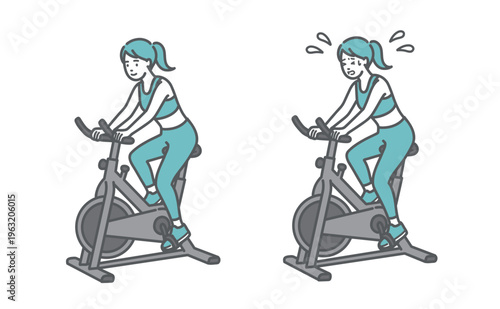 フィットネスバイク（エアロバイク）で笑顔と汗だく（初心者・上級者）の比較セットイラスト