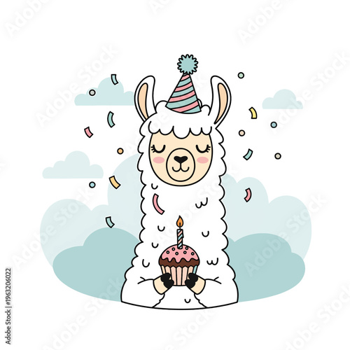 Llama Wearing Party Hat Holding Birthday Cupcake with Confetti