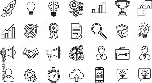 A collection of 20 black and white line icons representing business finance and marketing concepts