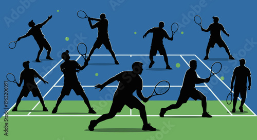 Silhouettes of Tennis Players in Action on a Blue Tennis Court