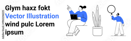 Person with laptop gesturing while seated, potted plant, person holding balloon. Ideal for teamwork, creativity, technology, remote work, communication, minimalism simple landing page