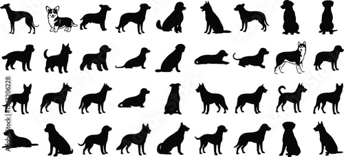 Large collection of black dog silhouettes featuring various breeds like corgi husky and retriever isolated on a plain white background.