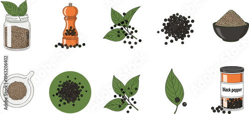 Black Pepper Spice Vector Set Featuring Peppercorns, Grinder, Leaves, and Seasoning Elements for Cooking, Culinary, Food Packaging, and Kitchen Design Projects