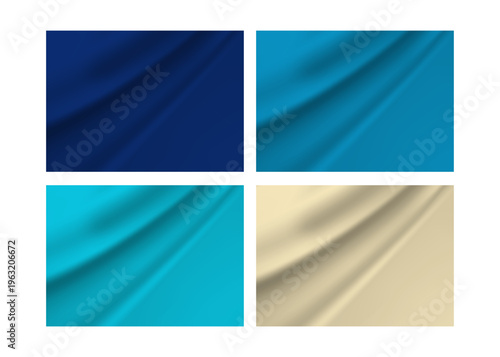 Four color swatches of draped fabric in shades of blue and beige, featuring elegant folds and smooth textures for design backgrounds, color blocking