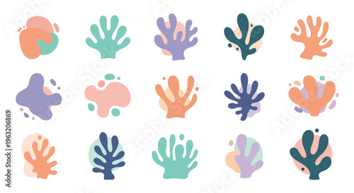 Colorful abstract shapes resembling coral or leaves on white background