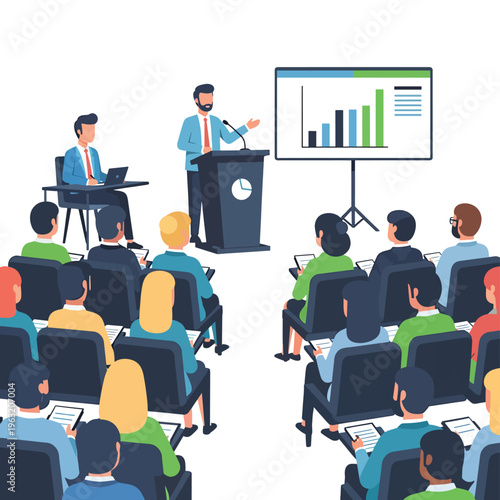 Business presentation with speaker and audience in a conference room setting