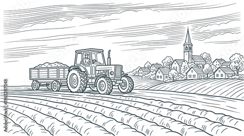 Tractor pulling trailer with harvest through rural agricultural field.