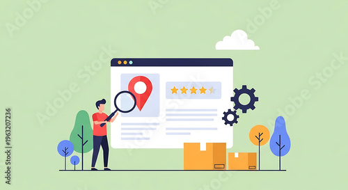 A person interacts with a large webpage on a rating system outdoors surrounded by trees and industrial icons.