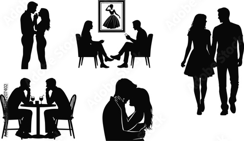 Romantic Couple Silhouette Set with Man and Woman Dating in Restaurant Walking Together Hugging and Talking for Love and Relationship Concept