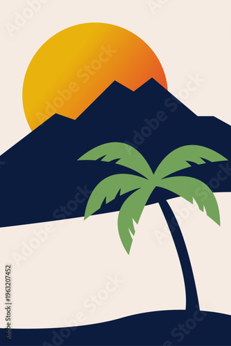 Logo agencia de viajes. Vacaciones de verano. Dibujo sencillo con un paisaje con la palma, una isla con montaña, el sol y el mar 