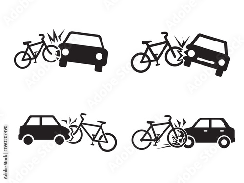 Bicycle and car accident vector icons set isolated on white background depicting various collision scenarios involving a vehicle and a bike with impact symbols