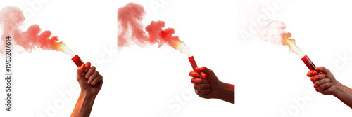 Hand Holding Burning Red Flare Signal with Smoke Isolated on White Background One Line Set