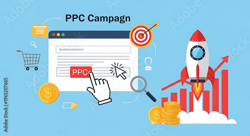 A graphic illustration of a PPC campaign strategy with a computer screen, hand, target, and bar graph on a blue background.