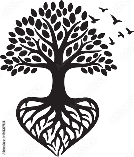 Tree of Life with Heart Roots and Birds