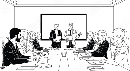 Black and white line art illustration of a professional business meeting in a boardroom, featuring executives giving a presentation to colleagues at a large conference table.