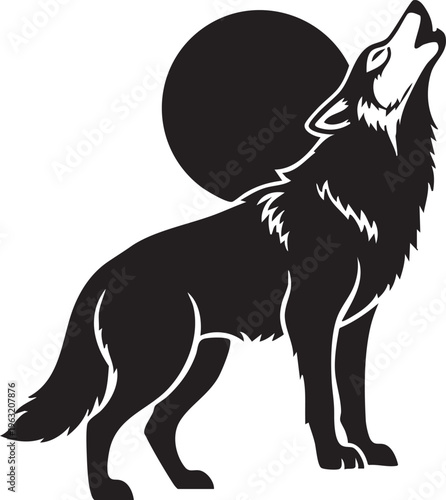 Wolf Howling at the Full Moon Silhouette