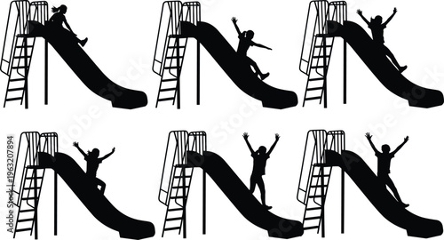 Black and white silhouette collection of children playing on a playground slide, depicting various stages of sliding down with hands raised in excitement and fun.