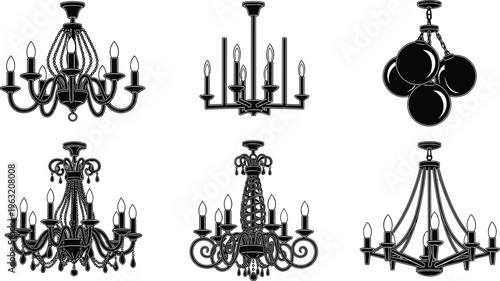 Black and white silhouette icon collection of luxury chandeliers and elegant hanging ceiling lamps, featuring classic crystal, modern orb, and ornate vintage lighting fixtures for interior decor.